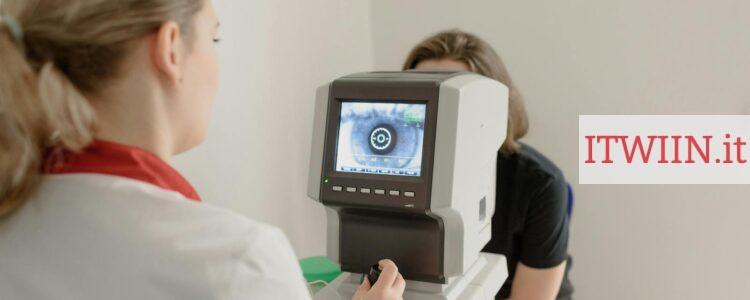 Professional eye examination using advanced equipment in a modern clinic setting.