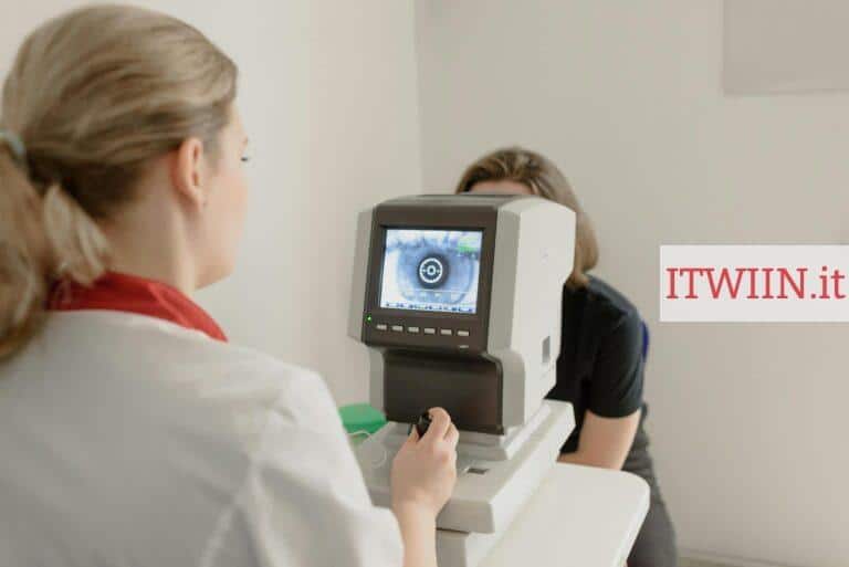 Professional eye examination using advanced equipment in a modern clinic setting.
